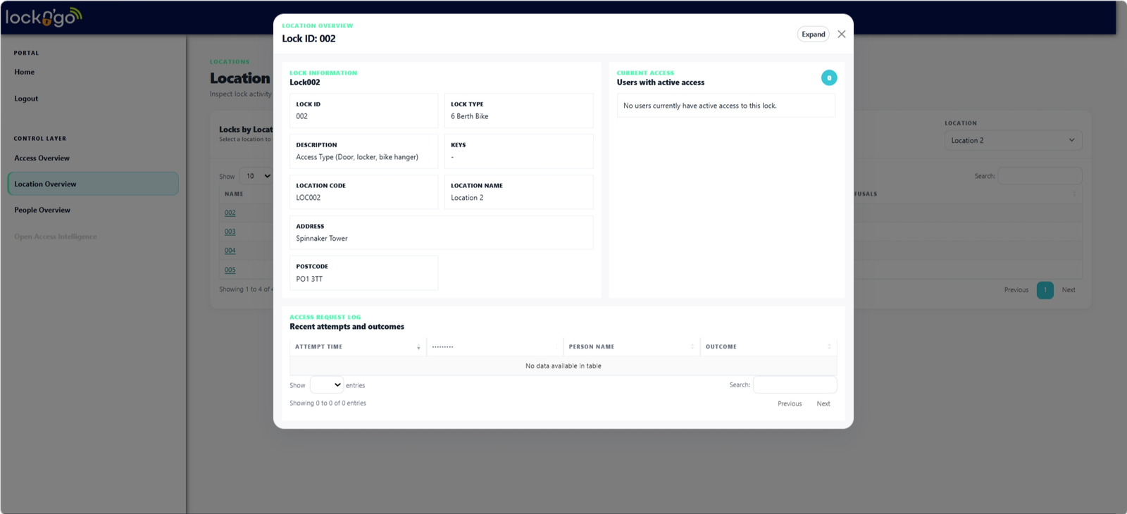 LocknGo Location Overview showing lock information, current access and recent access attempts